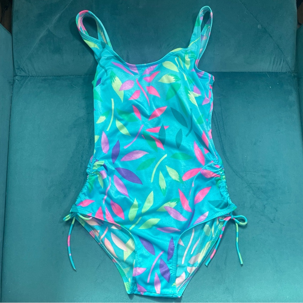 Vintage Teal Floral 80s 90s Retro Swimsuit Small